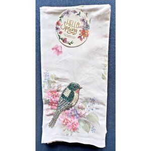 Bird Flowers Kitchen Towel Set 2 BEADED Spring Detailed Dish Linens HOSTESS GIFT